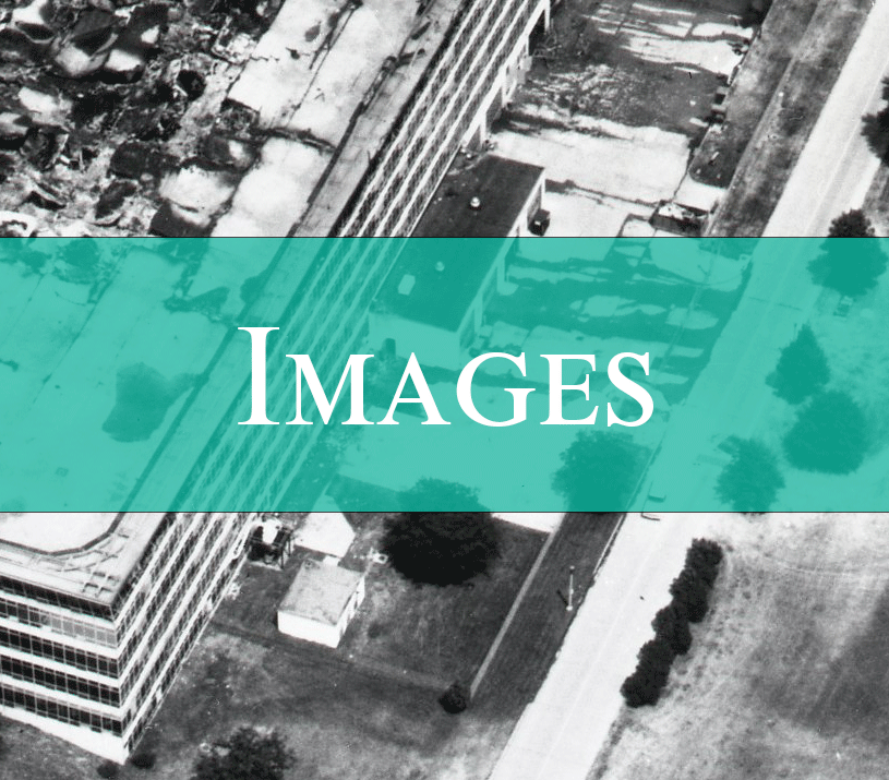 Aqua rectangle with white letters that read images, laid over a black and white aerial photo of 9700 Page Avenue